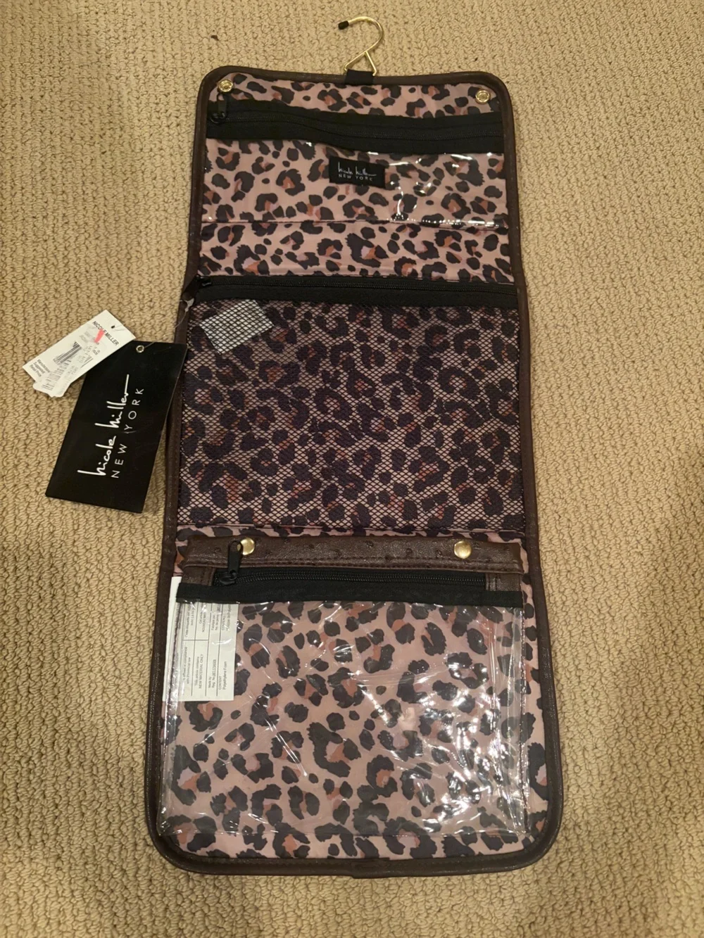 Nicole Miller Ostrich textured Brown Travel Hanging Toiletry Bag NWT